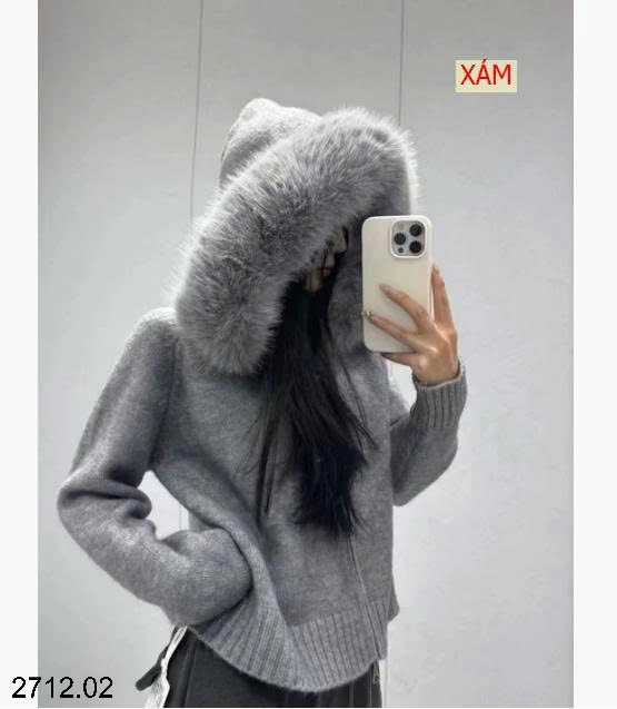 25HA2712.02 - ÁO KHOÁC LEN PHỐI MŨ LÔNG