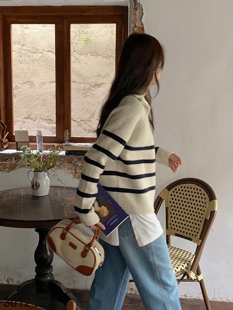 25HA3012.22 - ÁO LEN KẺ CỔ KÉO KHOÁ