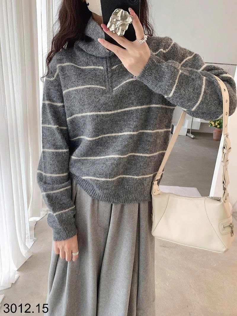 25HA3012.15 - ÁO LEN KẺ CỔ CAO NỮ