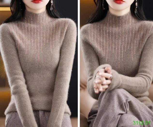25HA3112.01 - ÁO LEN CỔ CAO ĐÍNH KIM SA