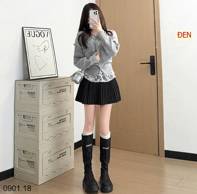 26HA0901.18 - CHÂN VÁY DẠ LEN THU ĐÔNG XẾP LY DÁNG NGẮN