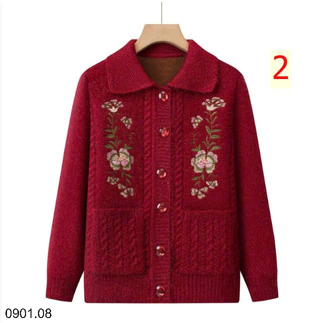 26HA0901.08 - ÁO KHOÁC LEN CỔ BẺ THÊU HOA LÓT LÔNG TRUNG NIÊN