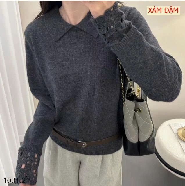 26HA1001.21 - ÁO LEN CỔ BẺ TAY PHỐI REN