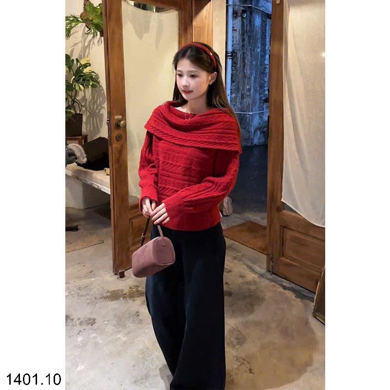 26HA1401.10 - ÁO LEN ĐỎ TRỄ VAI CHO NỮ