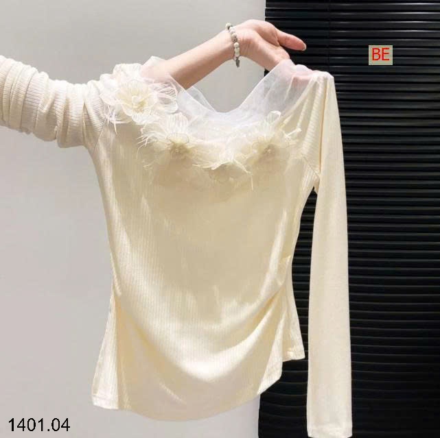 26HA1401.04 - ÁO THUN DÀI TAY REN HOA