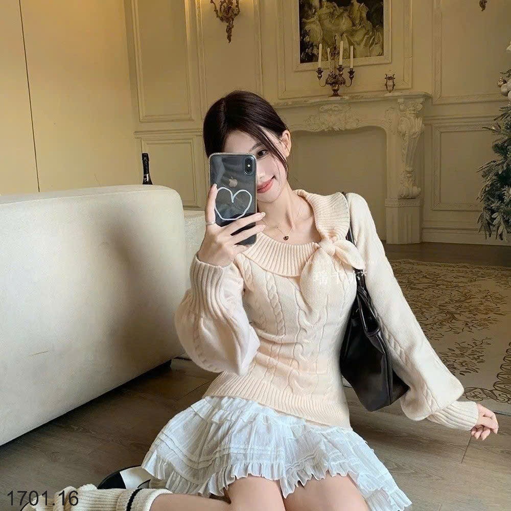 26HA1701.16 - ÁO LEN NỮ TRỄ VAI ĐÍNH NƠ