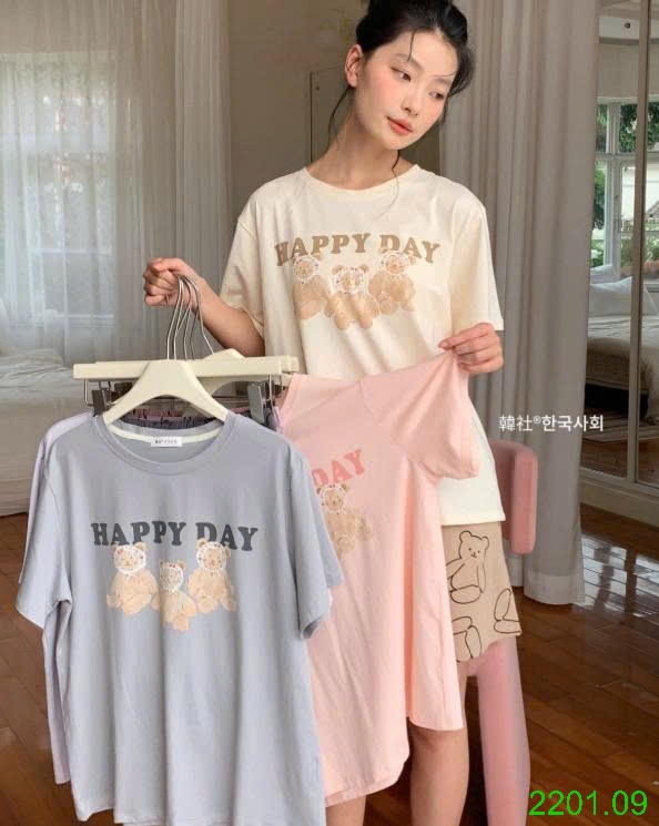 26HA2201.09 - BỘ COTTON HÌNH GẤU HAPPY DAY XUẤT HÀN
