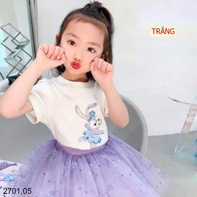 26HA2701.05 - SET ÁO THUN HOẠT HÌNH KÈM CHÂN VÁY BÉ GÁI