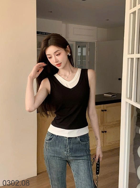 26HA0302.08 - ÁO HAI MẢNH CỔ V PHỐI MÀU KÈM BRA