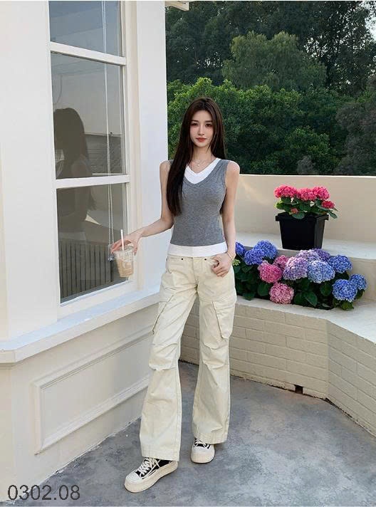26HA0302.08 - ÁO HAI MẢNH CỔ V PHỐI MÀU KÈM BRA