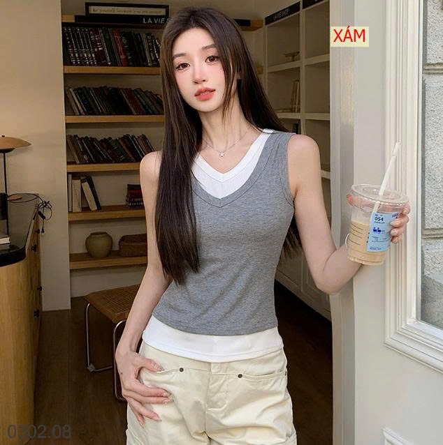 26HA0302.08 - ÁO HAI MẢNH CỔ V PHỐI MÀU KÈM BRA