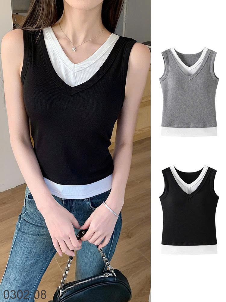 26HA0302.08 - ÁO HAI MẢNH CỔ V PHỐI MÀU KÈM BRA