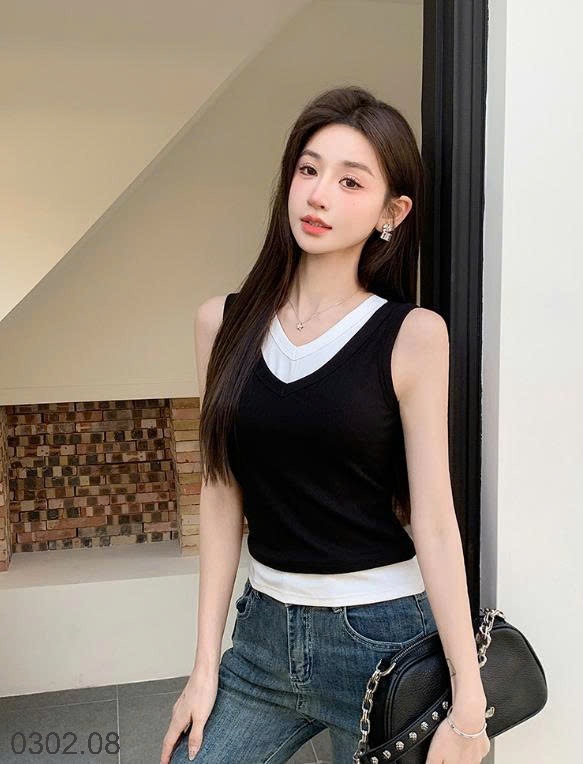 26HA0302.08 - ÁO HAI MẢNH CỔ V PHỐI MÀU KÈM BRA