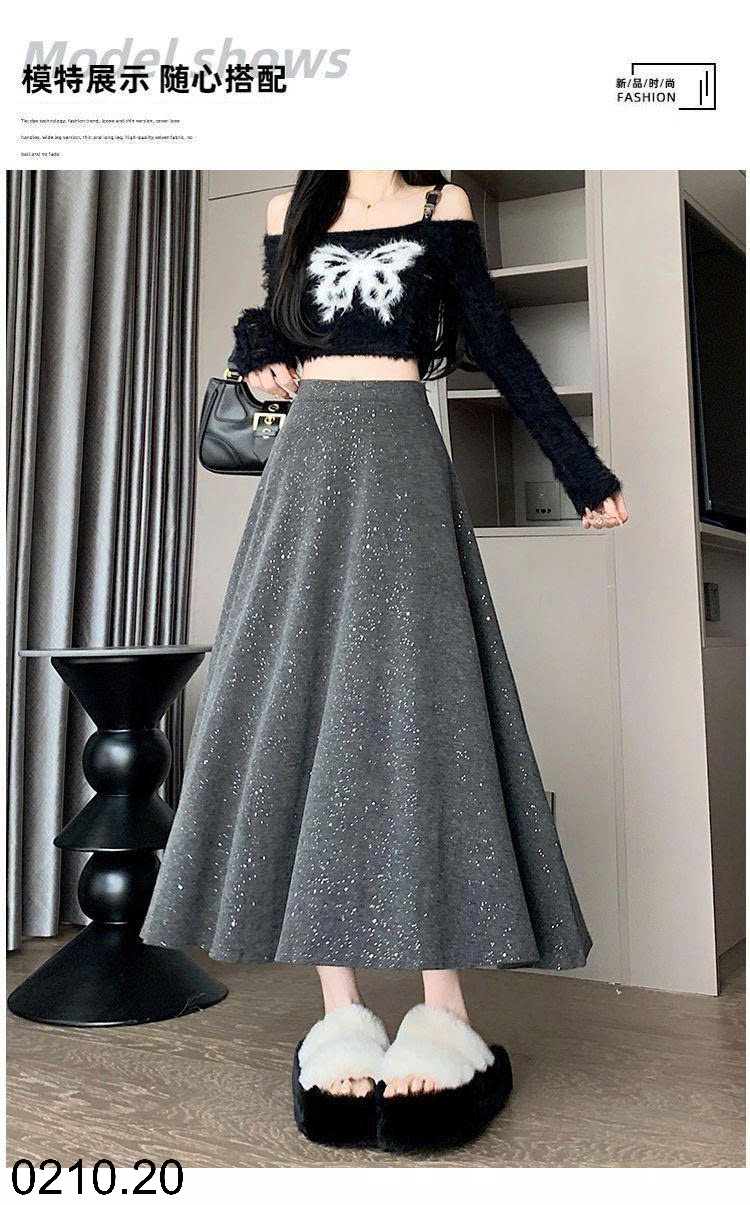 26HA0210.20 - CHÂN VÁY XÒE CHỮ A SEQUINS DÁNG DÀI