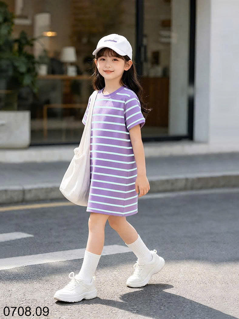 26HA0708.09 - VÁY KẺ CỔ TRÒN SIZE ĐẠI BÉ GÁI HÃNG AKL