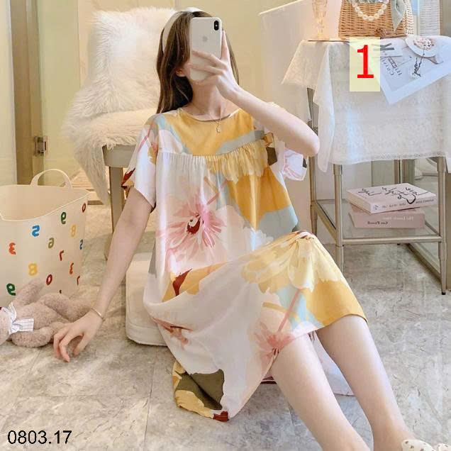 26HA0803.17 - VÁY NGỦ LANH HỌA TIẾT HOA