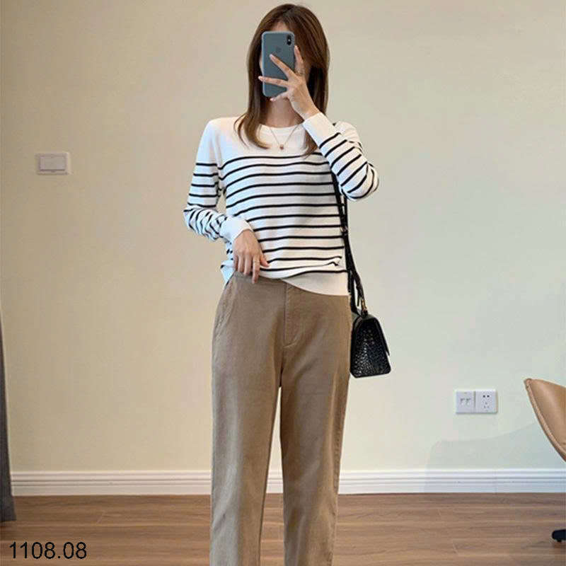 26HA1108.08 - ÁO LEN KẺ CỔ TRÒN 2 MÀU CHO NỮ