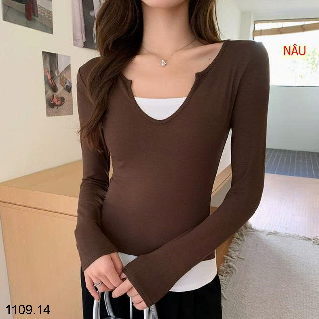 26HA1109.14 - ÁO PHỐI HAI MÀU CỔ V