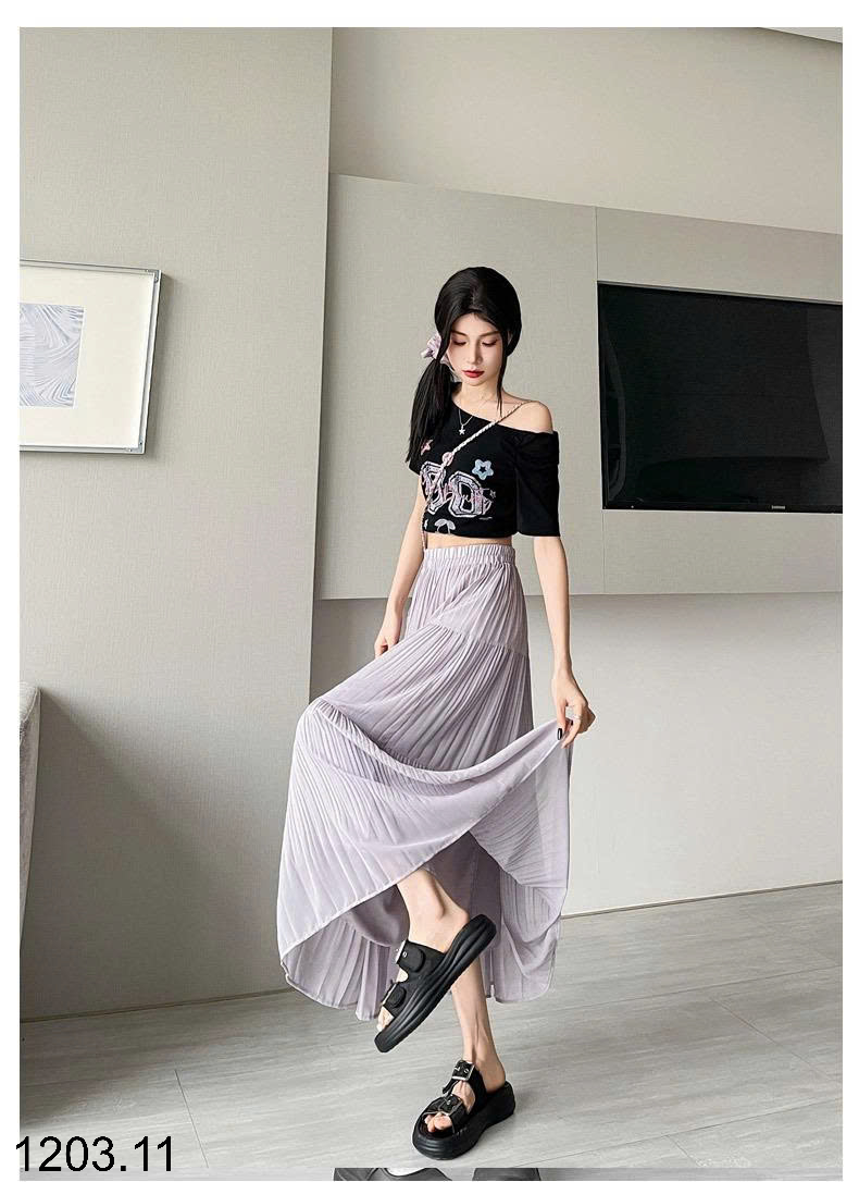26HA1203.11 - CHÂN VÁY MIDI XẾP LY CHỮ A DÁNG DÀI