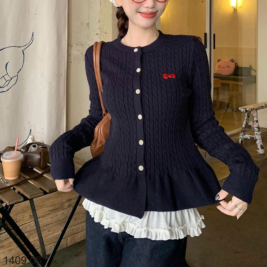 26HA1409.06 - CARDIGAN THÊU NƠ DÁNG XÒE BỒNG