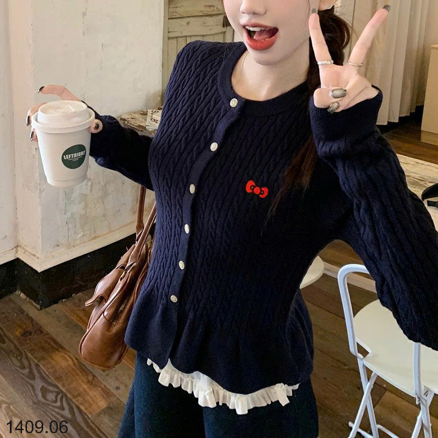 26HA1409.06 - CARDIGAN THÊU NƠ DÁNG XÒE BỒNG