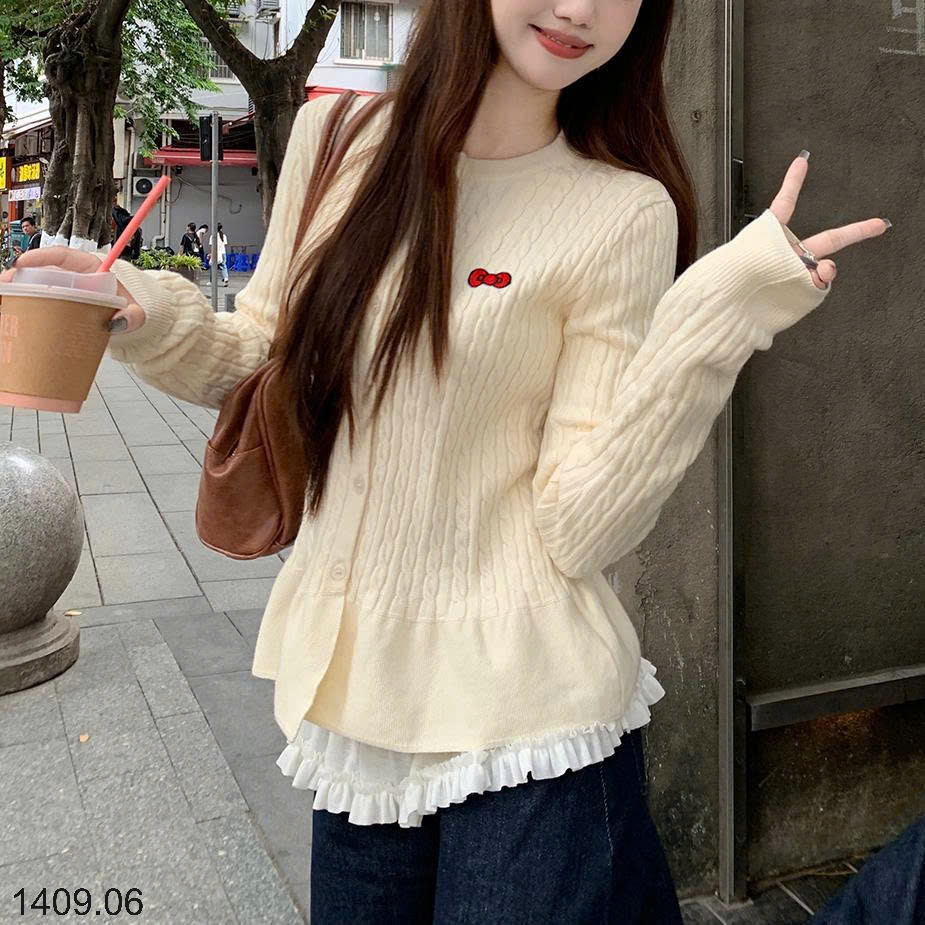 26HA1409.06 - CARDIGAN THÊU NƠ DÁNG XÒE BỒNG