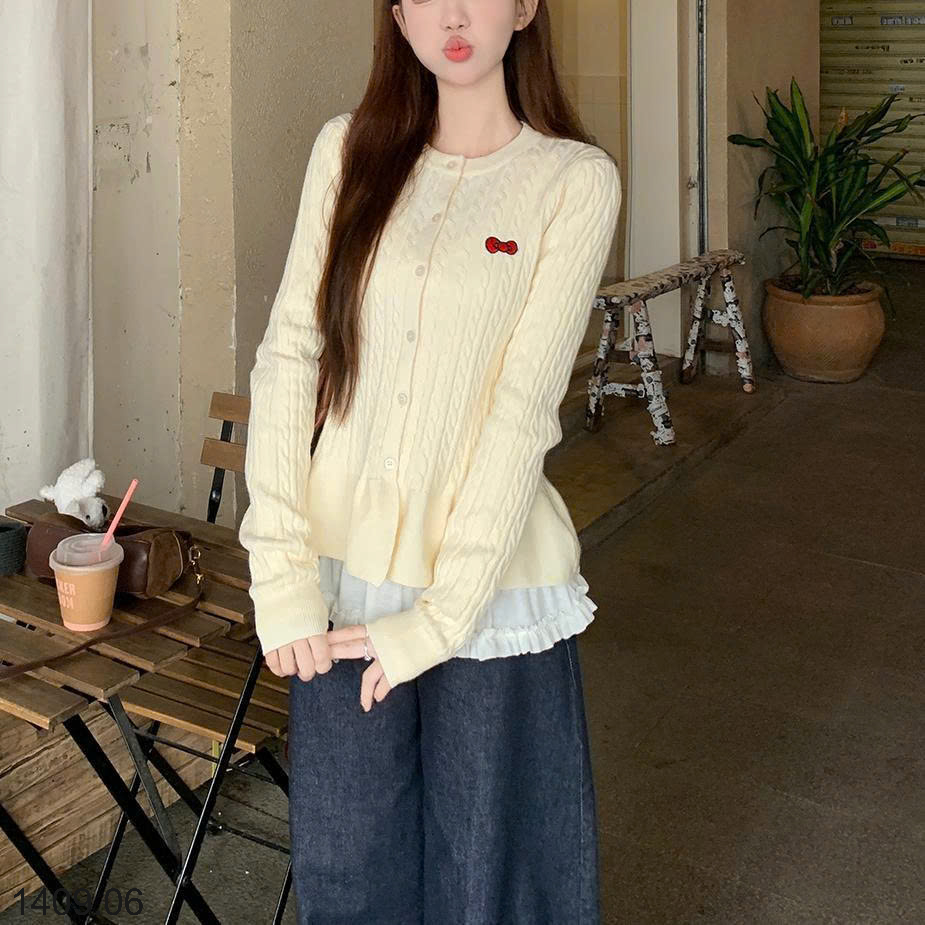 26HA1409.06 - CARDIGAN THÊU NƠ DÁNG XÒE BỒNG