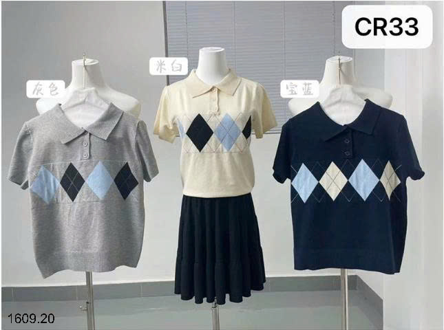 26HA1609.20 - ÁO DỆT KIM NGẮN TAY CỔ POLO HỌA TIẾT CARO