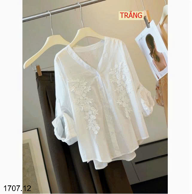 26HA1707.12 - ÁO SƠ MI DÀI TAY CỔ V THÊU HOA ANNA