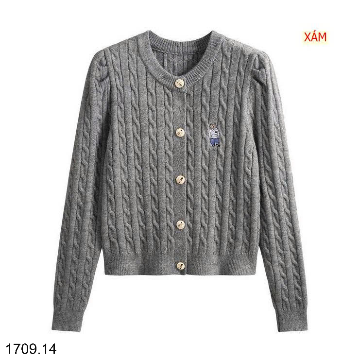 26HA1709.14 - ÁO LEN CARDIGAN VẶN THỪNG THÊU HÌNH GẤU