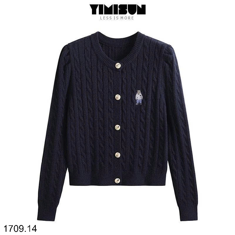 26HA1709.14 - ÁO LEN CARDIGAN VẶN THỪNG THÊU HÌNH GẤU