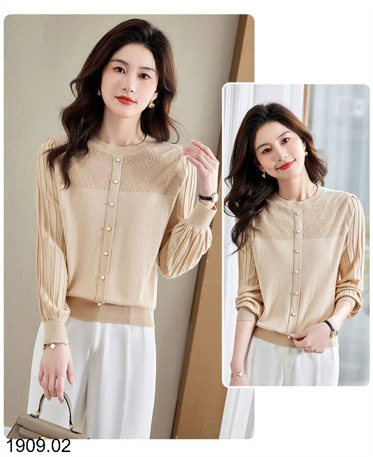 26HA1909.02 - ÁO DỆT KIM TAY PHỒNG XẾP LY