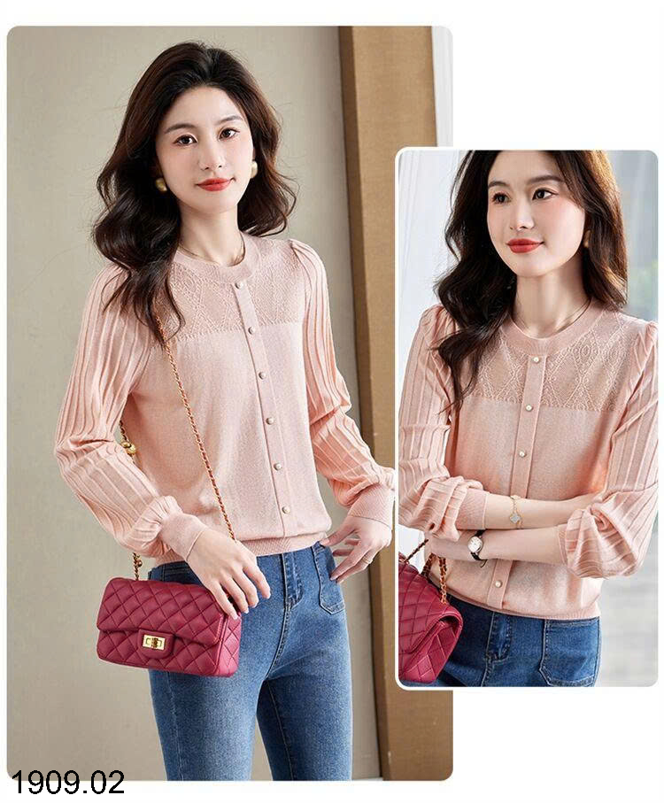26HA1909.02 - ÁO DỆT KIM TAY PHỒNG XẾP LY