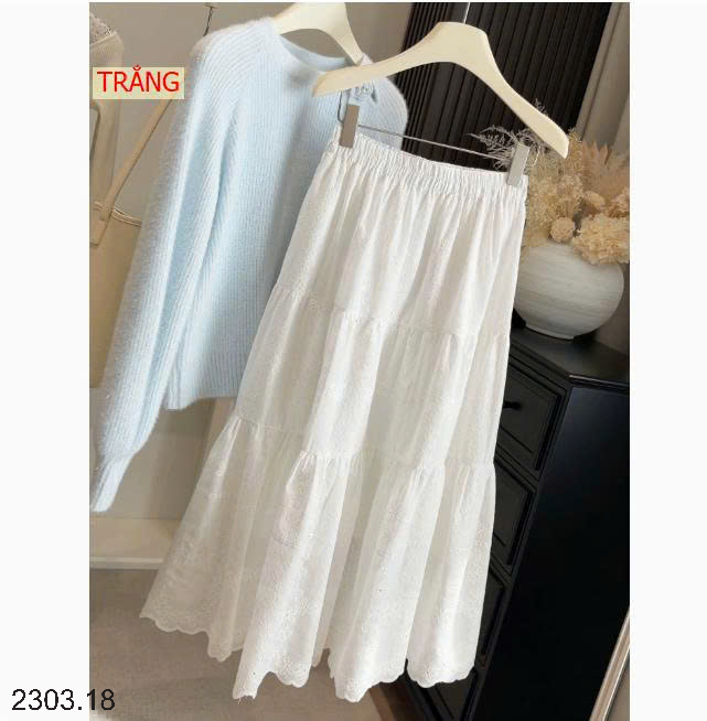 26HA2303.18 - CHÂN VÁY MIDI TRẮNG THÊU JACQUARD KIỂU PHÁP ANNA