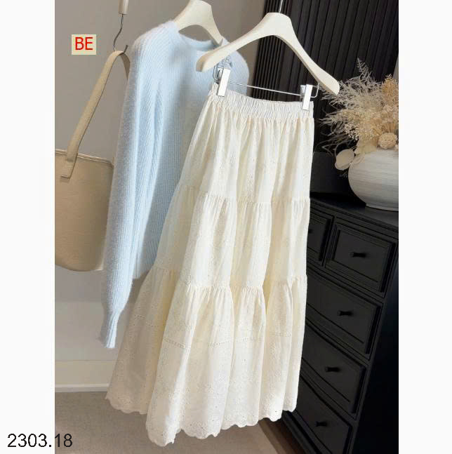 26HA2303.18 - CHÂN VÁY MIDI TRẮNG THÊU JACQUARD KIỂU PHÁP ANNA