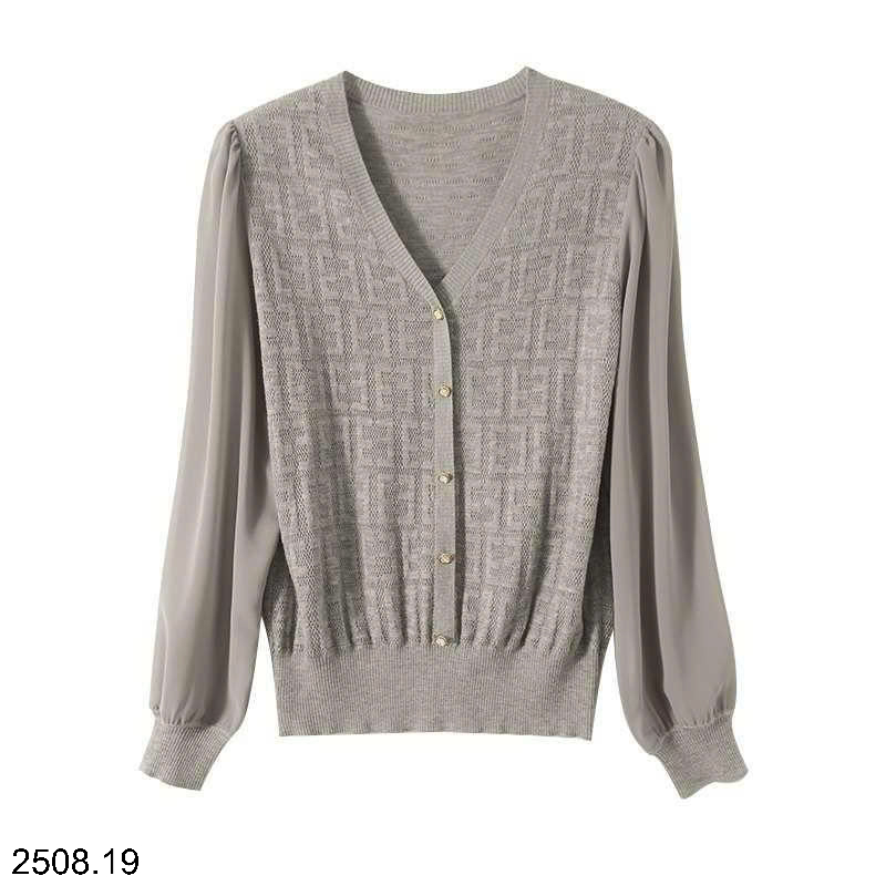 26HA2508.19 - ÁO DỆT KIM CỔ V PHỐI TAY VOAN