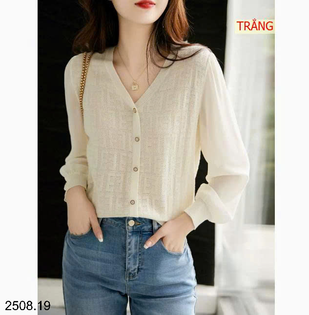 26HA2508.19 - ÁO DỆT KIM CỔ V PHỐI TAY VOAN
