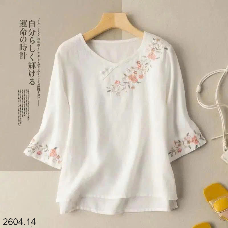 26HA2604.14 - ÁO SƠ MI ĐŨI THÊU HOA NỮ