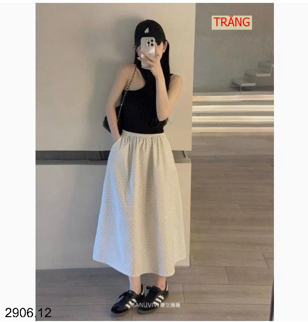 26HA2906.12 - CHÂN VÁY MIDI CHẤM BI MANUVIVI