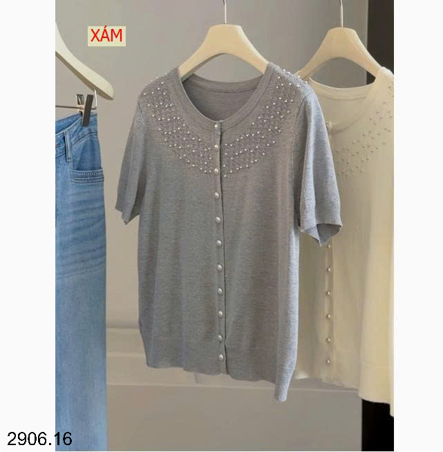 26HA2906.16 - ÁO DỆT KIM TAY NGẮN CỔ TRÒN ĐÍNH CƯỜM ANNA
