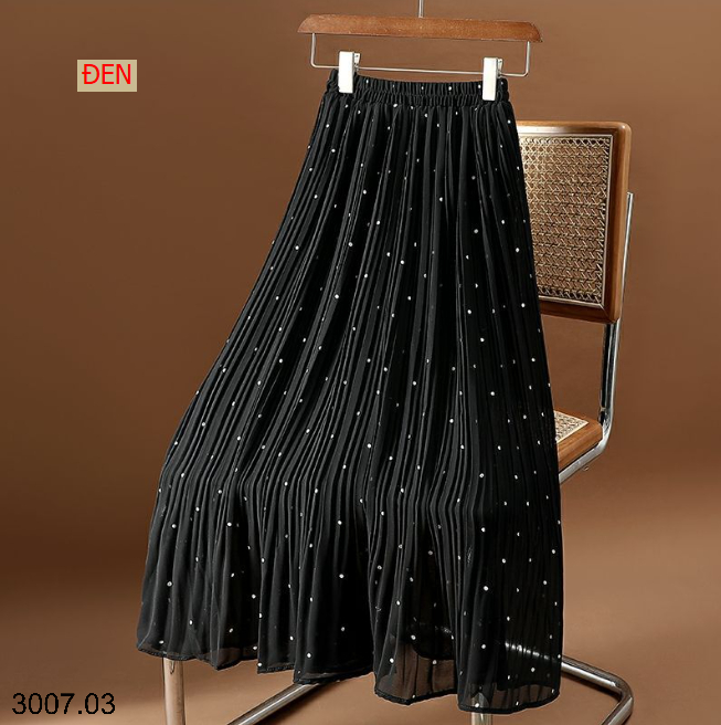 26HA3007.03 - CHÂN VÁY MIDI XẾP LY CHIFFON CHẤM BI