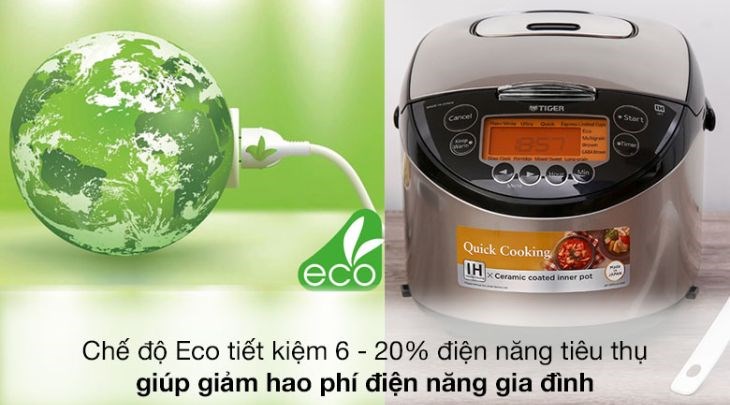 Nồi cơm điện Cao tần Tiger 1.8 lít JKT-D18V có chế độ ECO tiết kiệm 6 - 20% điện năng tiêu thụ cho gia đình, được bán với giá 8.910.000 VNĐ (giá cập nhật ngày 05/2023, có thể thay đổi theo thời gian)