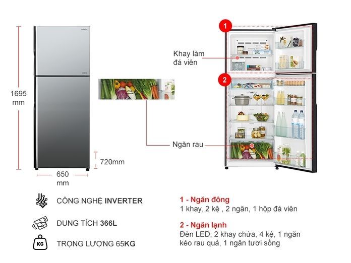 Tủ lạnh Hitachi Inverter 366 lít R-FVX480PGV9 (MIR)