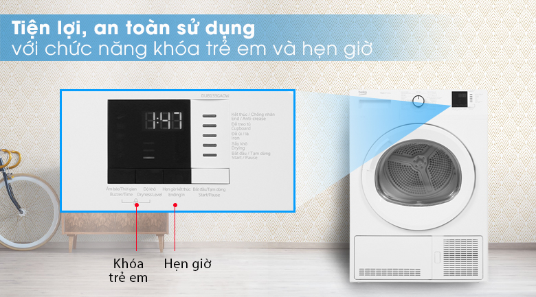 Tính năng khóa trẻ em và chế độ hẹn giờ - Máy sấy Beko 8kg DU8133GA0W