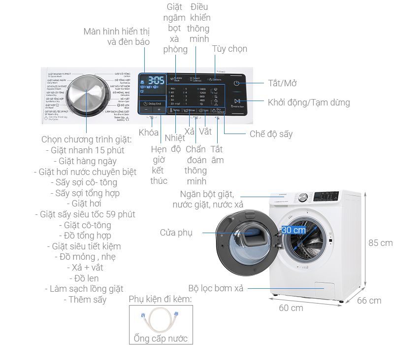 Thông số kỹ thuật Máy giặt sấy Samsung AddWash Inverter 10.5 kg WD10N64FR2W/SV