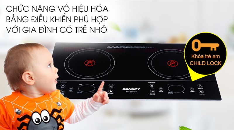 Khóa bảng điều khiển giúp quá trình nấu của bếp sẽ không bị gián đoạn - Bếp hồng ngoại đôi Sanaky SNK-201HGW