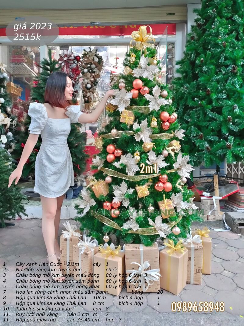 Cây thông noel xanh dày lá cao 2m1 combo Hoàng gia Đồng đỏ