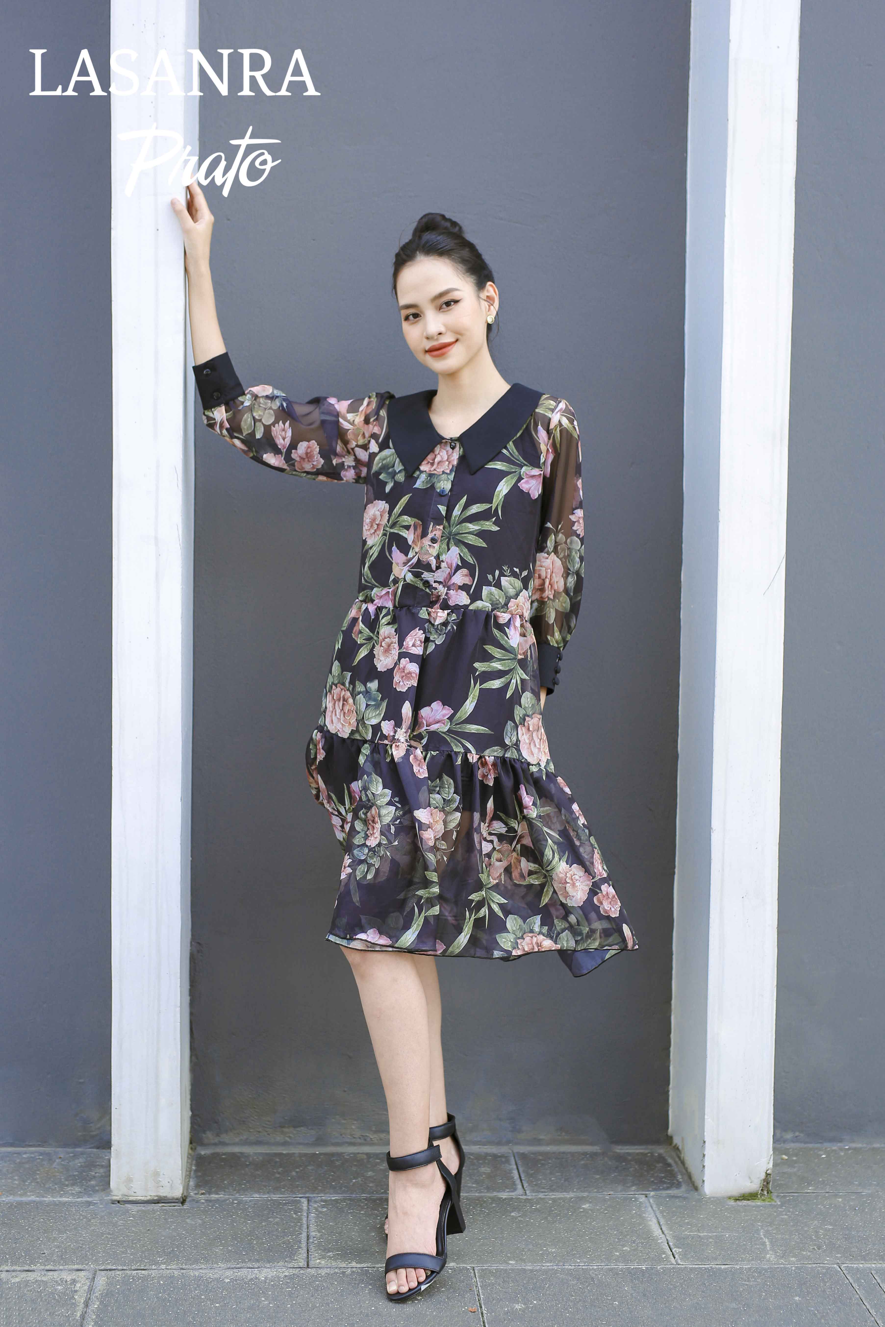 Đầm LASANRA Tropical Flowers Dress (hoa nâu) 005-B