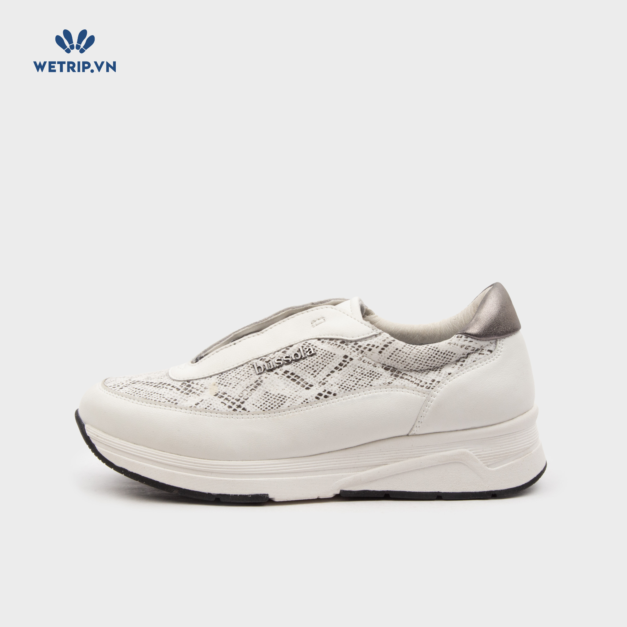 Slip-On Bussola (Trắng pha da rắn gót ánh bạc đế viền đen) Mã SLO-BSL-035-A