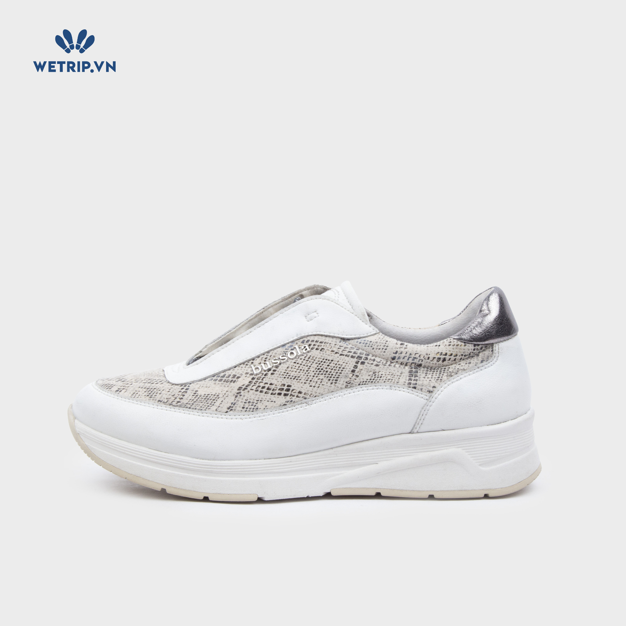 Slip-On Bussola (Trắng pha da rắn bé gót ánh bạc) Mã SLO-BSL-035-A1